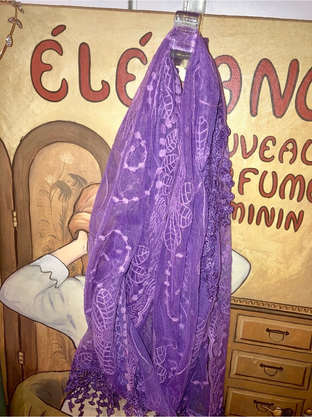 Lace Scarf Floral  Leaf Pattern with Decorative Fringe Purple - NIP